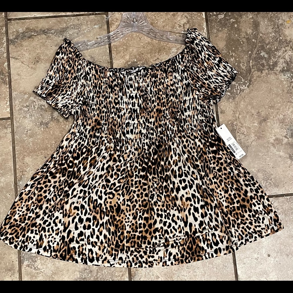 NWT XL JUNIORS NO BOUNDARIES LEOPARD PRINT OFF THE SHOULDER BABY DOLL TOP